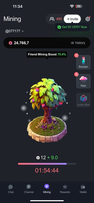The image shows a "Mining" screen from the Verychat app displaying a user (@077477) with a balance of 24,766.7 Very tokens and a Friend Mining Boost of 75.4%. A timer showing 01:54:44 is active with a current mining rate of 12 + 9.0, alongside menu options for Booster, Rain, and Lucky Box. This visual supports the post's warning by illustrating the mining interface where users accumulate Very tokens, suggesting the user should focus on mining rather than purchasing the potentially questionable Very Token.