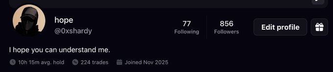 A dark-themed profile page for user 'hope' (@0xshardy) showing 77 Following, 856 Followers, with bio text 'I hope you can understand me.' and stats showing 10h 15m avg hold, 224 trades, joined Nov 2025.