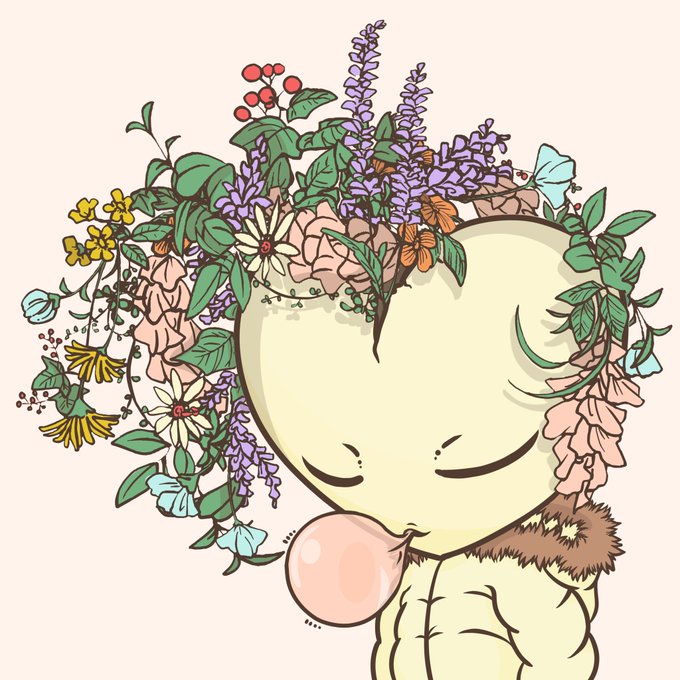 An illustration of a pale green, bald character with closed eyes blowing a bubble gum bubble, surrounded by an elaborate wreath of purple, pink, white, and yellow flowers and green foliage.