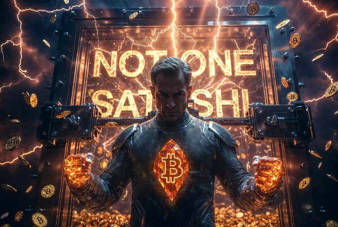 The image depicts a man in futuristic armor with glowing Bitcoin insignias on his chest and fists, standing before a metallic vault door displaying the fiery text "NOT ONE SATOSHI," while golden Bitcoin coins swirl around him amid electric lightning—visually representing Michael Saylor's unwavering conviction to never sell a single satoshi of his personal Bitcoin holdings.