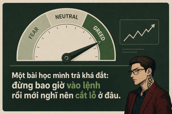 A Vietnamese trading meme showing a Fear & Greed index gauge pointing toward 'GREED', with a character and text translating to 'A lesson I paid dearly for: never enter a position then think about where to cut losses.'