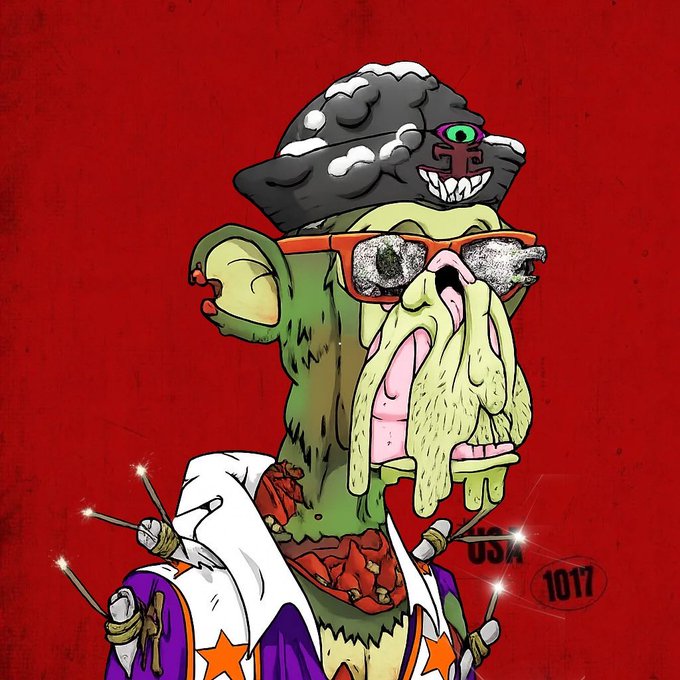The image features a cartoon monkey wearing glasses, a hat, and a bandana with a pirate theme. The monkey has a face painted white with black eyes and a red nose, giving it a unique appearance. The background of the image is red, which contrasts with the monkey's attire and adds to its visual appeal. The caption "I like this theory for ApeFest Atlanta... If 1017" suggests that there might be an event or gathering related to ApeFests in Atlanta at 9/27-9/28.