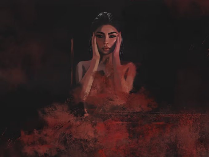 A dark, painterly digital illustration depicts a woman with her hands framing her face, surrounded by swirling red smoke or mist against a black background.