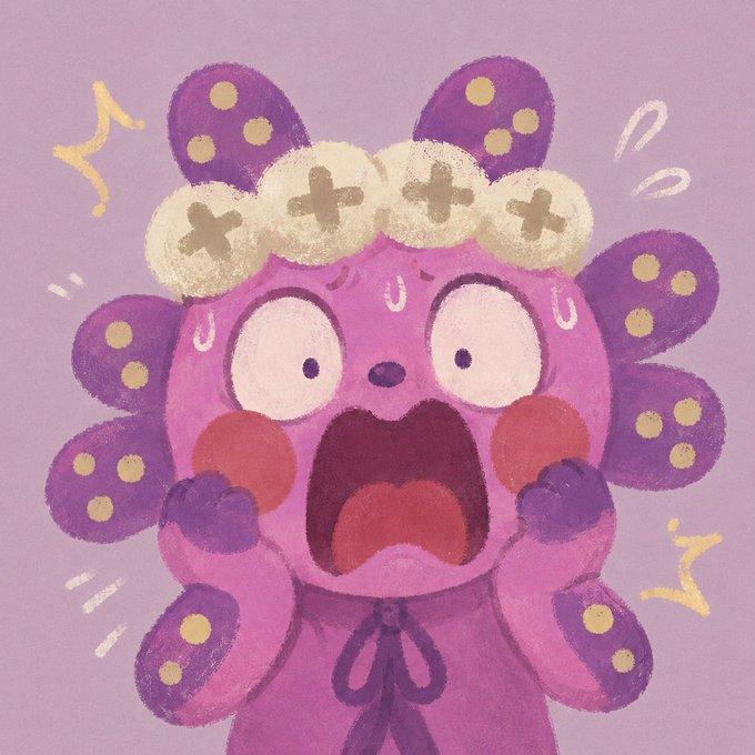 A colorful, cartoonish illustration of a shocked or panicked purple and pink creature with multiple polka-dotted appendages, a flower-like crown, wide eyes, and an open mouth, set against a lavender background.