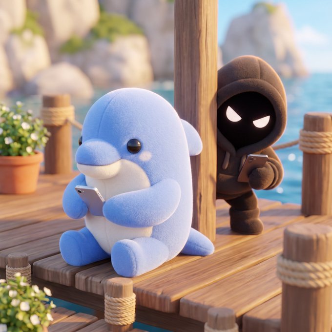 A plush blue dolphin and a hooded black-faced character sit on a sunny seaside dock, each holding a smartphone. The image illustrates the warning about scam bots monitoring public wallet questions and impersonating crypto support.