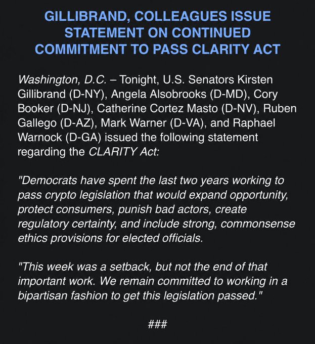 A press release from Senators Gillibrand, Alsobrooks, Booker, Cortez Masto, Gallego, Warner, and Warnock reaffirming their commitment to passing the CLARITY Act following a setback, emphasizing bipartisan efforts to advance crypto legislation that expands opportunity, protects consumers, and establishes regulatory certainty and ethics standards.