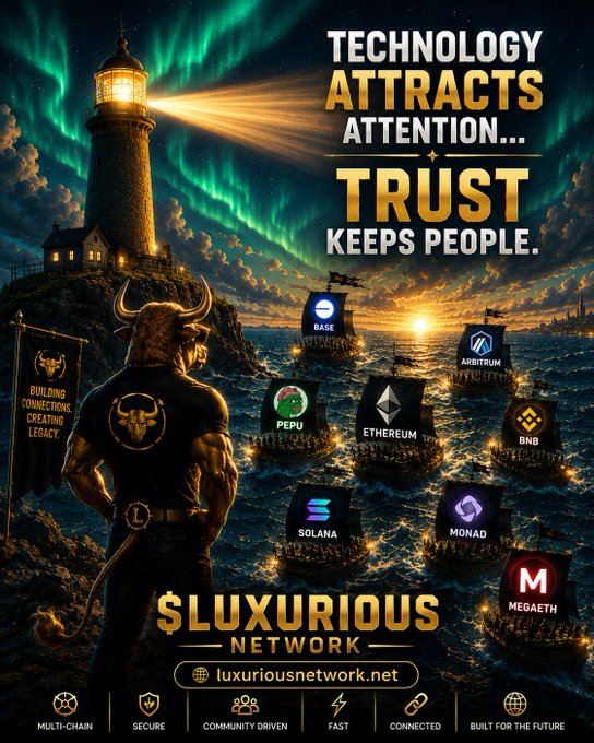 The image features a poster with a man standing next to a lighthouse, surrounded by various ships floating in the ocean under a starry sky. The poster also includes text that reads "Technology attracts attention... Trust keeps people." This suggests that the poster is promoting trust and its importance within communities or networks.