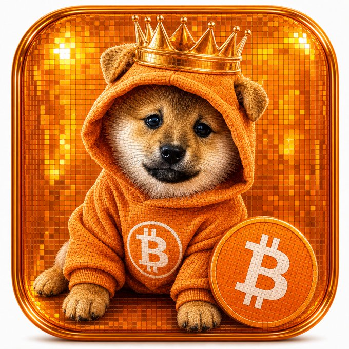 A Shiba Inu puppy wearing an orange Bitcoin hoodie with a gold crown, sitting next to a Bitcoin coin against an orange mosaic background.