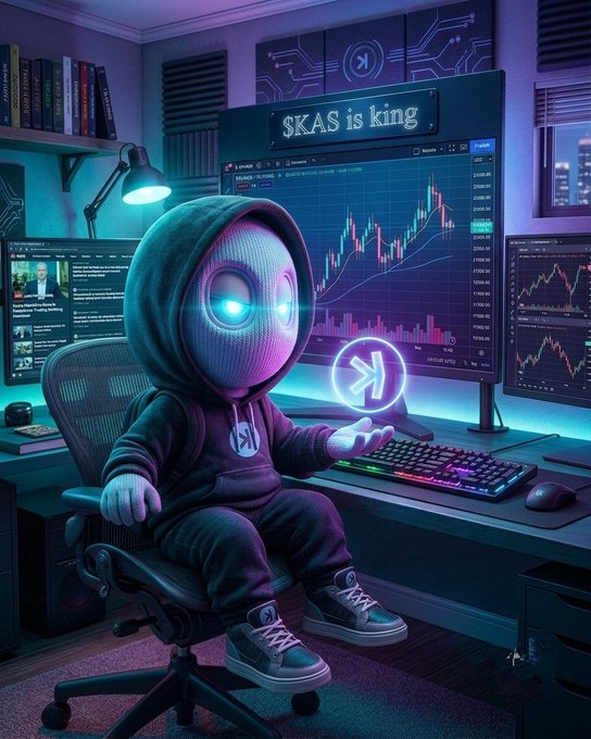 A hooded figure with glowing blue eyes and a Kaspa (KAS) logo medallion sits at a desk displaying cryptocurrency trading charts, with a neon sign reading "$KAS is king" above the monitors, symbolizing the poster's enthusiasm for the Kaspa project and their giveaway celebration of $300 to @ZoostZooWin via MetaWin.