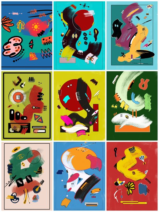 The image features a collection of nine different artworks, each with its own unique style and color scheme. The artworks are arranged in a grid format, showcasing a variety of artistic expressions. One artwork stands out due to its vibrant colors and abstract design, while another is characterized by its bold use of black and white. The artworks vary in size and shape, adding diversity to the overall composition. The post also includes text that reads "good morning" and "if i am worth anything later, i am worth something now."