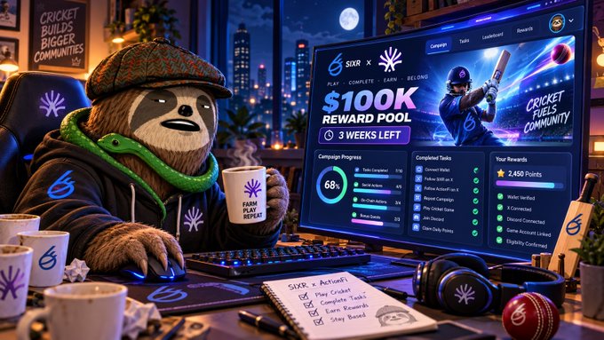 A digital illustration of a sloth wearing a cap and hoodie, holding a mug that says 'FARM PLAY REPEAT', sitting at a desk with a monitor displaying '$100K REWARD POOL' and '6IXR' campaign details.