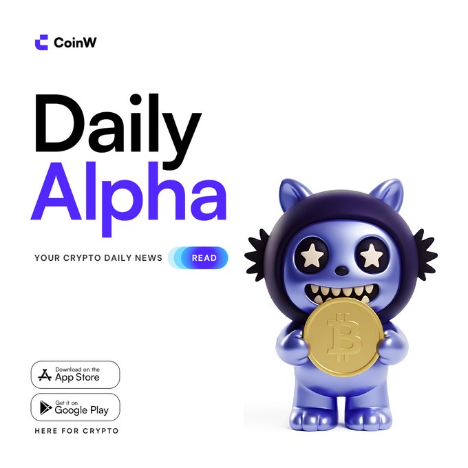 An advertisement for the CoinW app featuring 'Daily Alpha' text, 'YOUR CRYPTO DAILY NEWS' tagline, and a purple cartoon character holding a Bitcoin coin.