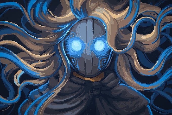 Digital artwork depicting a robotic or masked figure with glowing blue eyes, surrounded by flowing blue and beige tendrils resembling hair.