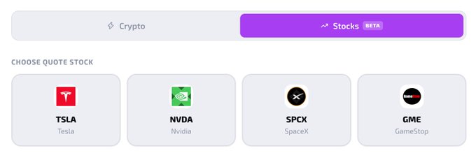 A trading interface showing tabs for 'Crypto' and 'Stocks (BETA)' with quote stock options for TSLA (Tesla), NVDA (Nvidia), SPCX (SpaceX), and GME (GameStop).