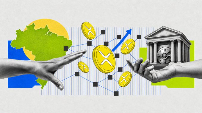 An illustration shows two hands reaching toward each other across XRP gold coins, connecting a green map of South Korea on the left with a classical bank building on the right.