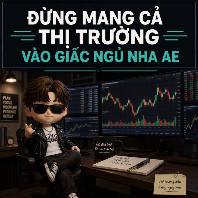 Vietnamese text 'ĐỪNG MANG CẢ THỊ TRƯỜNG VÀO GIẤC NGỦ NHA AE' appears above a 3D animated character wearing sunglasses, sitting in front of multiple monitors displaying stock/crypto trading charts.