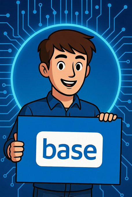 A cartoon illustration shows a smiling man in a blue shirt holding a sign with the 'base' logo, set against a digital circuit-board background.