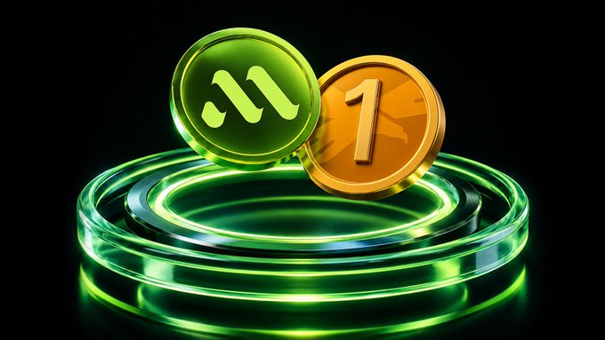 A 3D digital illustration shows a green token with an 'M'-like symbol and a gold token marked '1' floating above a glowing green circular platform on a black background.