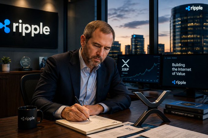 Brad Garlinghouse sits at a desk writing in a notebook in an office featuring prominent "ripple" and "XRP" branding, with a monitor displaying the tagline "Building the Internet of Value" alongside a candlestick chart—visually reinforcing the post's theme that Ripple's recent silence may signal significant behind-the-scenes developments rather than inactivity.