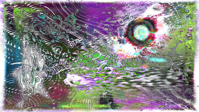 An abstract, heavily filtered/glitch-art style image featuring vibrant purple, green, and blue colors with distorted patterns and swirls.