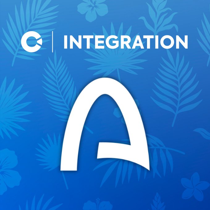 A blue graphic with palm leaf patterns displaying 'Coinbase INTEGRATION' logo at the top and a large 'A' in the center.