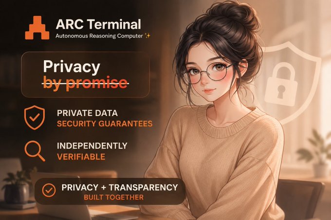 An illustrated woman in glasses appears beside an advertisement for 'ARC Terminal - Autonomous Reasoning Computer' promoting 'Privacy by promise,' 'Private Data Security Guarantees,' and 'Independently Verifiable.'