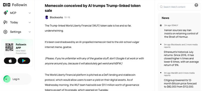 A Web3 news article titled 'Memecoin conceived by AI trumps Trump-linked token sale' from Blockworks, discussing how an AI-propelled memecoin overshadowed the World Liberty Financial (WLF) token sale.