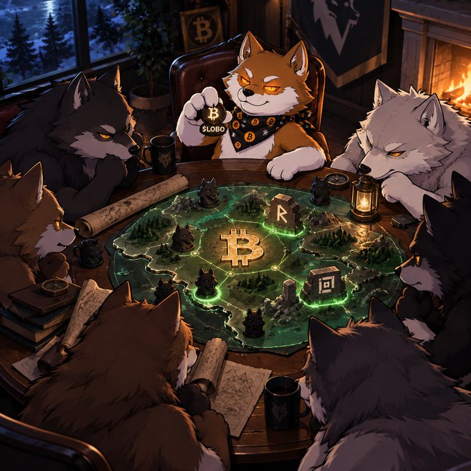 An illustration depicts a group of anthropomorphic wolves, including one wearing a '$LOBO' collar, gathered around a glowing map featuring a Bitcoin symbol, surrounded by books and lanterns.