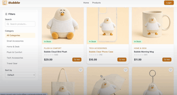 The image shows a product page on BubbiQ featuring Baymax-themed merchandise, including a "Baymax Cloud Bird Plush" for $26.99 and "Baymax Cloud Pillow Cara" for $10.99. The Chinese caption promotes the DAPPOS project's upcoming TGE and its $DOS token economics, unrelated to the merchandise displayed.