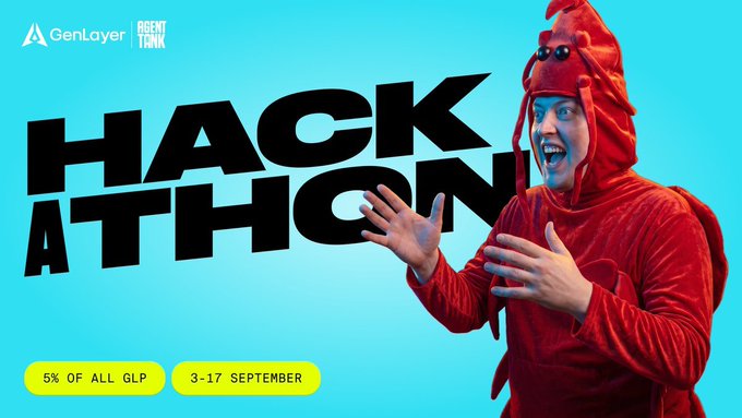 A promotional graphic for a "HACKATHON" event by GenLayer Agent Tank features a man in a red lobster costume against a bright blue background, running from September 3-17 with "5% OF ALL GLP" as a reward.
