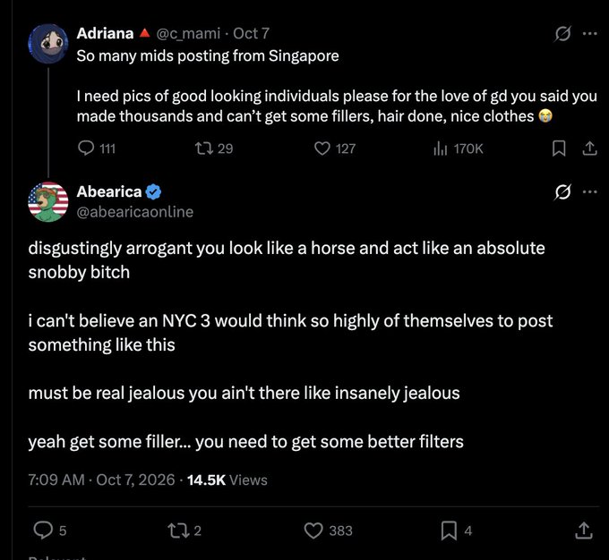 A Twitter/X exchange between user Adriana (@c_mami) asking for pics of good-looking individuals from Singapore, and Abearica (@abearicaonline) responding with insults and jealousy comments.
