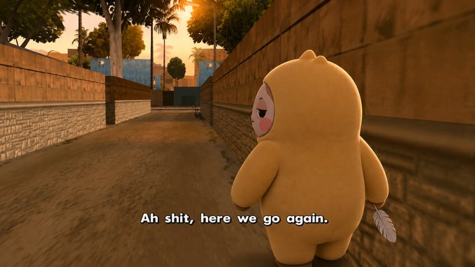 A video game screenshot, appearing to be from GTA San Andreas modded with a cartoon character, showing a yellow, round mascot with a feather tail walking down an alleyway at sunset with the subtitle 'Ah shit, here we go again.'