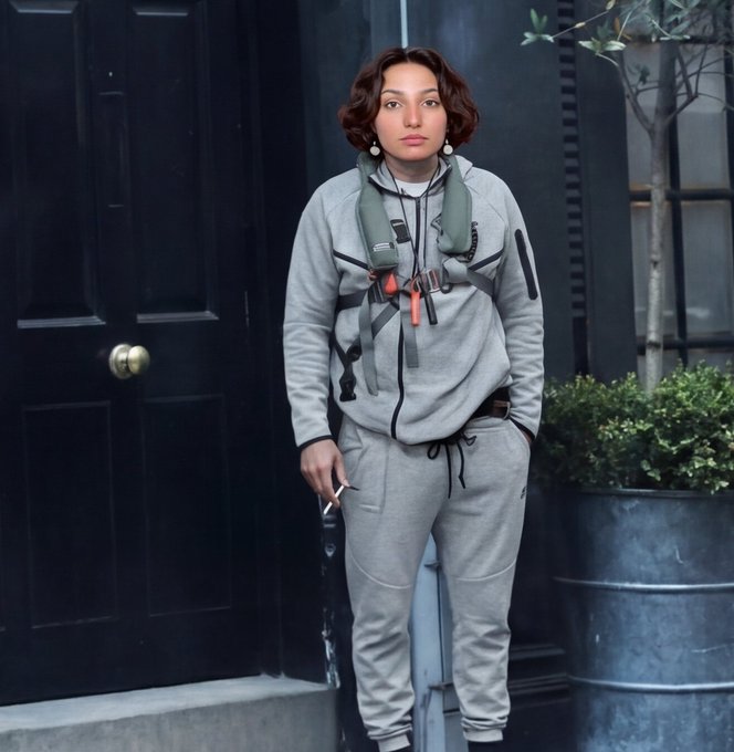 A young woman with short brown hair stands in front of a black door, wearing a grey Under Armour tracksuit and a green tactical-style harness with orange accents.