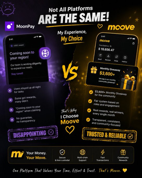 A comparison infographic contrasts MoonPay and Moove crypto platforms under the headline 'Not All Platforms ARE THE SAME!,' listing MoonPay's drawbacks as 'DISAPPOINTING' and Moove's benefits as 'TRUSTED & RELIABLE.'