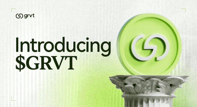 A green-and-white crypto-style graphic reads “Introducing $GRVT,” with a small “grvt” logo at the upper left and a glowing circular emblem resting on a classical column.