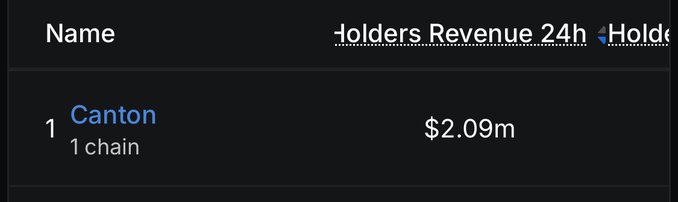 A dark dashboard table showing 'Canton' (1 chain) with $2.09m in Holders Revenue 24h.