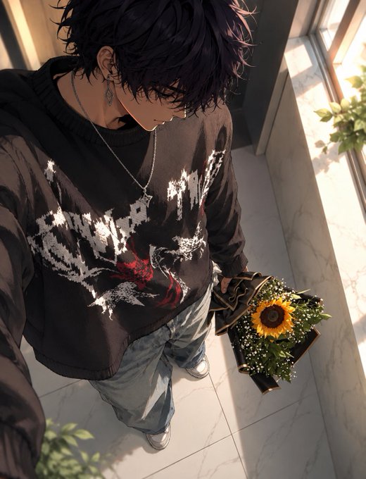 Anime-style digital art of a dark-haired young man in a black graphic sweatshirt and jeans, holding a bouquet of sunflowers and baby's breath.