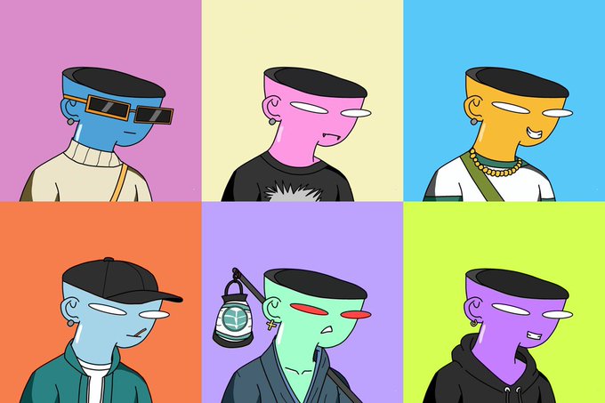 The image shows a 2x3 grid of six identical cartoon-style character portraits, each with the same flat-top haircut, prominent nose, and earring, but differing in skin color (blue, pink, orange, light blue, green, and purple), outfit, accessories, and background color (pink, yellow, blue, orange, purple, and green). The characters wear various items like sunglasses, a backwards cap, a lantern, a gold chain, and different clothing styles. There is no visible text, numbers, tickers, or names in the image itself. The accompanying tweet promotes 10 GTD spots for an IN00VA supply NFT mint on the 7777 Chain, with mint price TBA and entry instructions to like/retweet, follow @IN00VA, and drop a wallet. The colorful, trendy cartoon characters in the image appear to represent the style or sample artwork of the IN00VA NFT collection being promoted in the tweet, serving as a visual showcase of