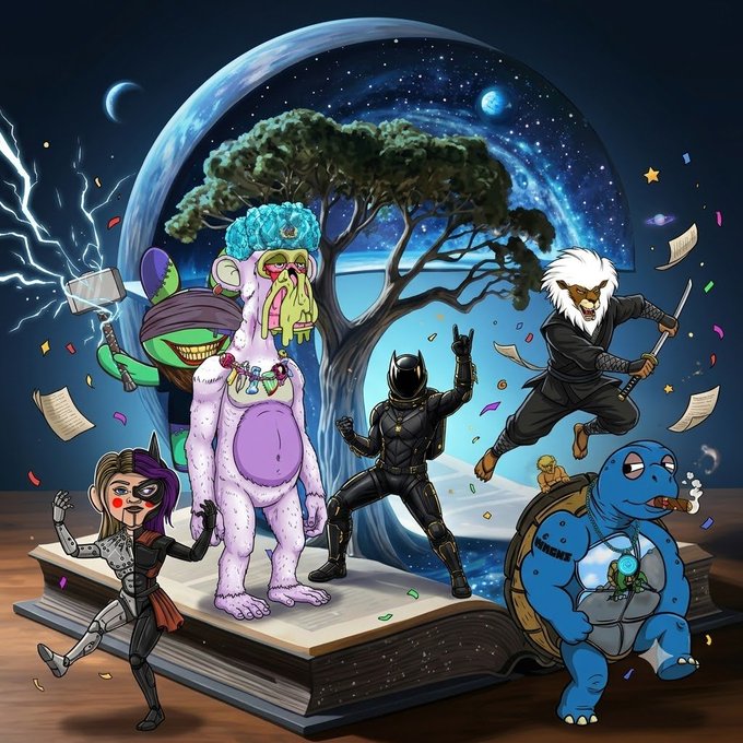 A colorful illustration featuring various NFT-style cartoon characters including a cat in a spacesuit, a turtle ninja, a clown, and a blue turtle with a glass dome shell, standing on an open book against a cosmic backdrop.