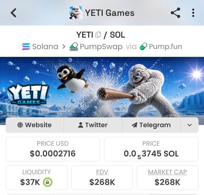 The image shows a trading page for YETI Games (YETI/SOL) on the Solana network via PumpSwap/Pump.fun, displaying a price of $0.0002716 USD (0.0₅3745 SOL) with a market cap and FDV of $268K. This relates to the post highlighting $YETI as a bullish opportunity, with whales accumulating the token and a dedicated developer planning buybacks at the $400K milestone.