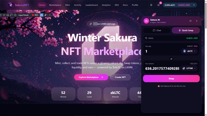 The image shows a computer screen displaying a website called "Winter Sakura NFT Marketplace". The website appears to be an NFT marketplace, as indicated by the text displayed on the screen. It also features a chat window where users can communicate with each other about their NFTs and marketplaces. The post is titled "Building an NFT Marketplace + DEX + AI All 3 powerful features combined in ONE dApp! Currently developing on LiteForge testnet @LitecoinVM Let' s go bigger together in LitVM Building on LitVM makes me truly happy and excited!".
