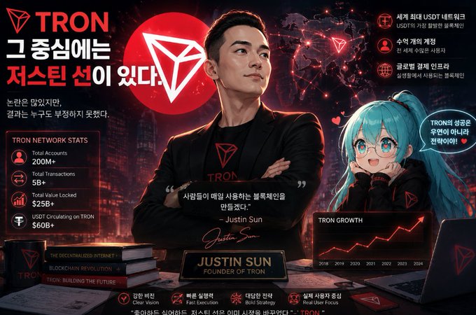 A TRON promotional graphic features founder Justin Sun with TRON Network Stats showing 200M+ Total Accounts, 5B+ Total Transactions, $25B+ Total Value Locked, and $60B+ USDT Circulating, alongside a turquoise-haired anime character wearing TRON merchandise.