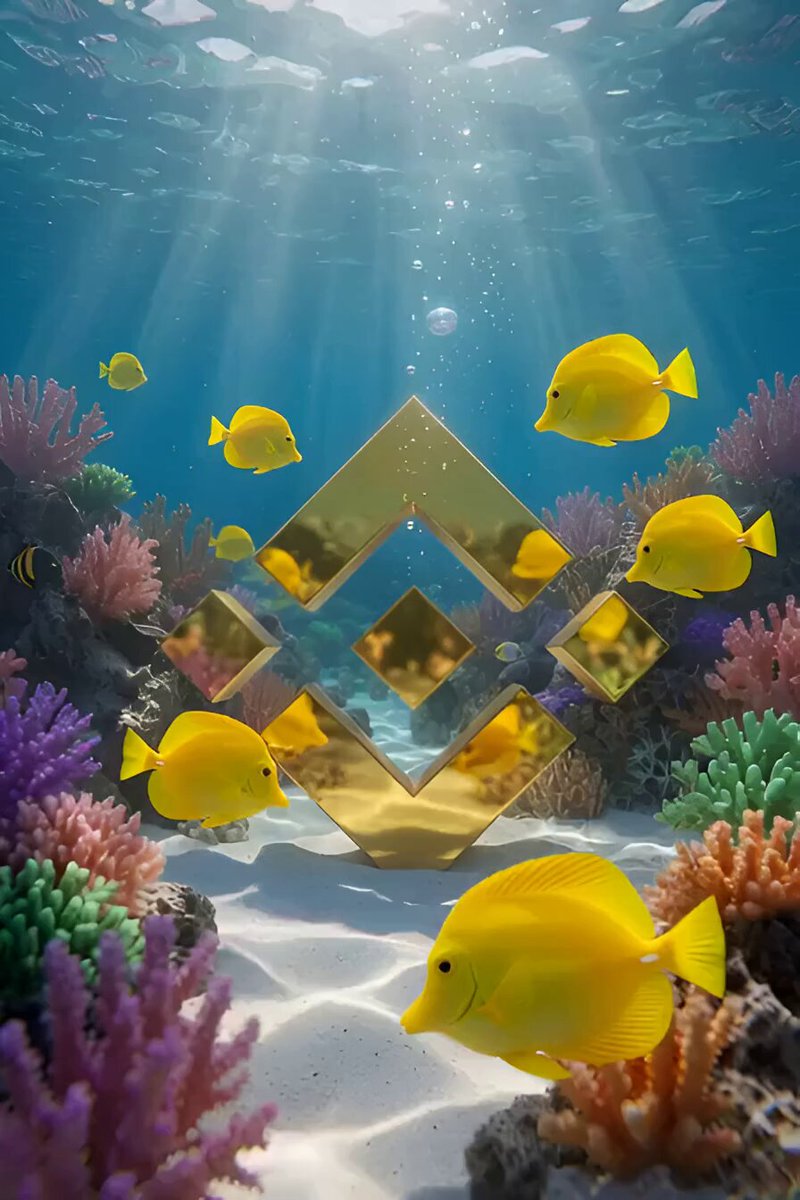 The image features a vibrant underwater scene with a group of yellow fish swimming around coral reefs, including purple, orange, and white corals. The background is filled with blue water, creating an overall sense of depth and tranquility. In the center of this underwater tableau, there's a large golden symbol that resembles a diamond or a triangle, surrounded by the fish. The image also includes text that reads "Be #Binance @ binance".