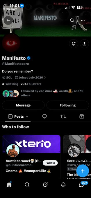 This image shows the Twitter profile for @Manifestocore, a verified account with 204 followers, discussing "early alpha on Solana." The "Do you remember?" question and "WE ARE NEAR" text in the banner hint at the mysterious nature of the project.