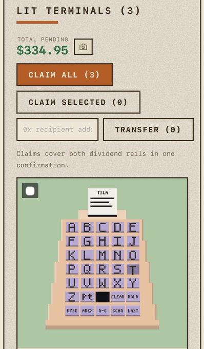 A 'LIT TERMINALS' interface showing 'TOTAL PENDING $334.95' with 'CLAIM ALL (3)' and 'CLAIM SELECTED (0)' buttons above a keyboard graphic with 'TSLA' typed on screen.