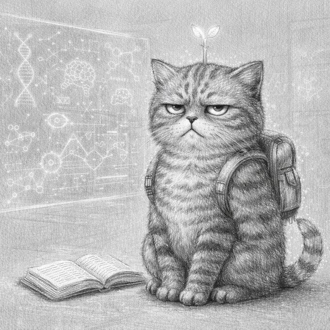 A pencil sketch of a grumpy-looking tabby cat wearing a backpack with a small plant sprouting from its head, sitting next to an open book with a chalkboard featuring DNA helix and scientific diagrams in the background.