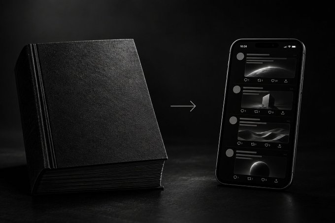 A dark image shows a black leather-bound book on the left with an arrow pointing to a smartphone on the right displaying a social media-style feed with minimalist gray images.
