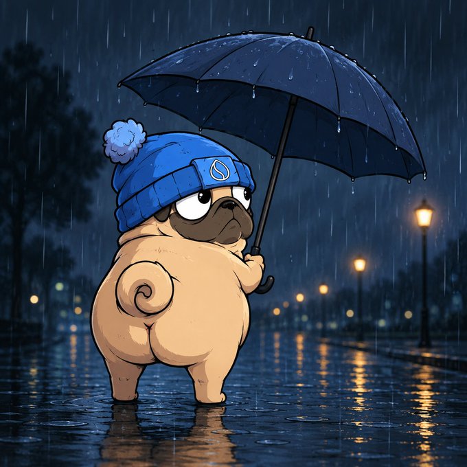 A cartoon pug wearing a blue beanie with an "S" logo stands in the rain holding a dark umbrella, set against a dimly lit street with glowing lampposts. The "S" emblem on the beanie ties into the $pugwif ticker and the @SuiPugwif branding, visually reinforcing the meme's connection to the Sui blockchain ecosystem.