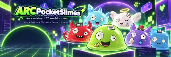 Promotional banner for 'ARC PocketSlimes' describing it as 'An evolving NFT world on Arc' with tagline 'Mint • Explore • Discover • Devour • Evolve.'