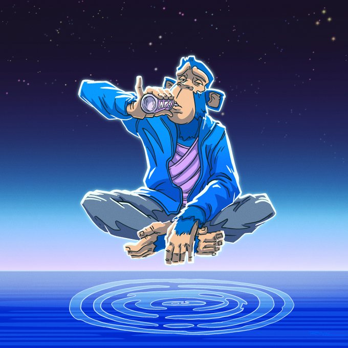 A cartoon illustration of a blue monkey-like character floating cross-legged above glowing XRP water ripples, drinking from an XRP-branded bottle against a starry night sky.